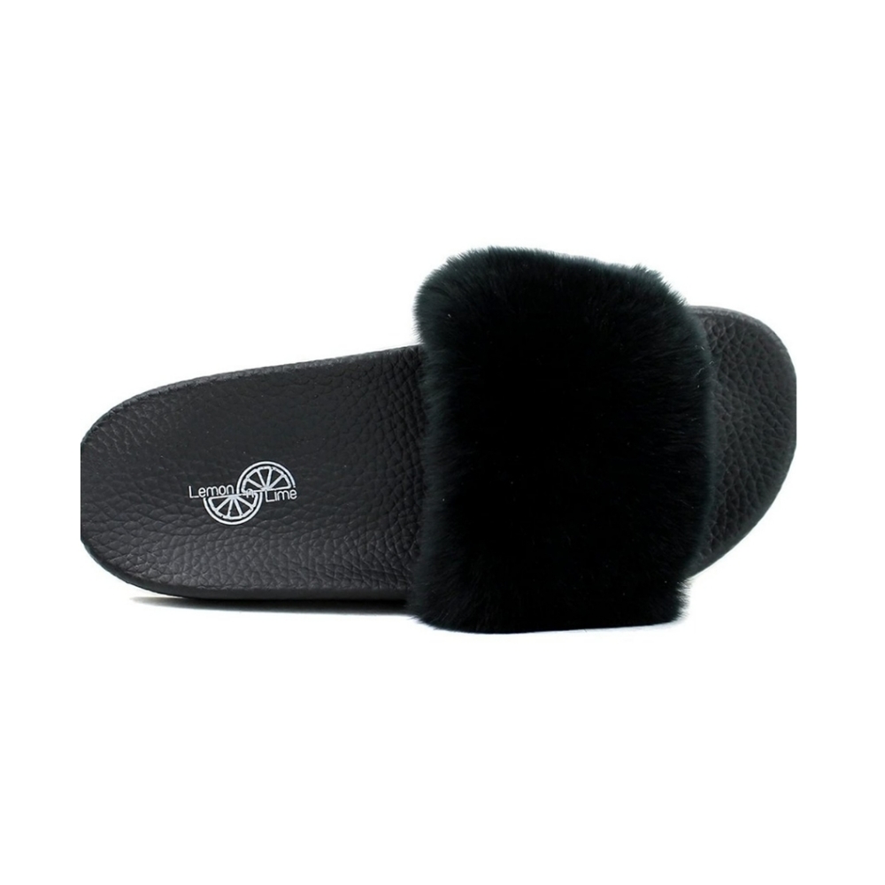 LIKE NEW sz9 black Lemon n Lime fluffy faux fur slides